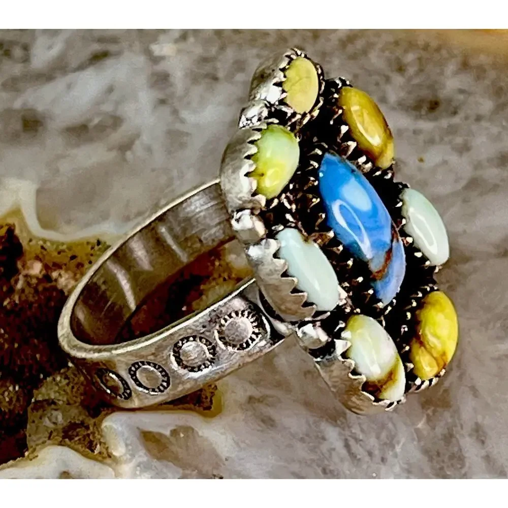 Southwestern Sterling Silver Mixed Turquoise Cluster Statement Ring Adjust Size